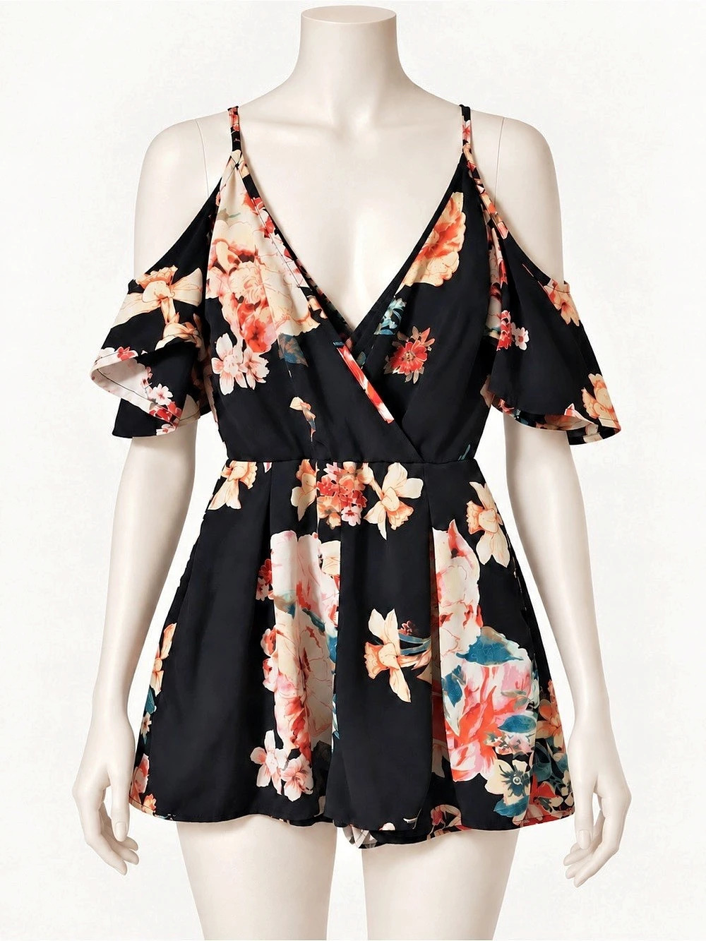 Floral Cold Shoulder Romper in Black & Pink
